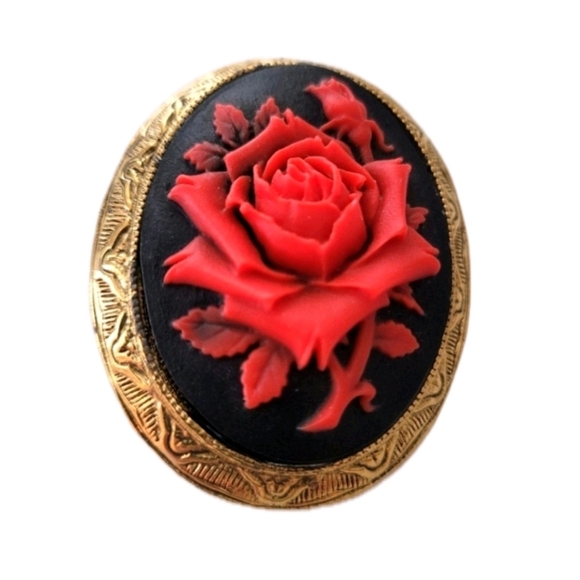 Vintage Jewelry - Vintage Red Black Rose Gold Statement Brooch Costume Jewelry